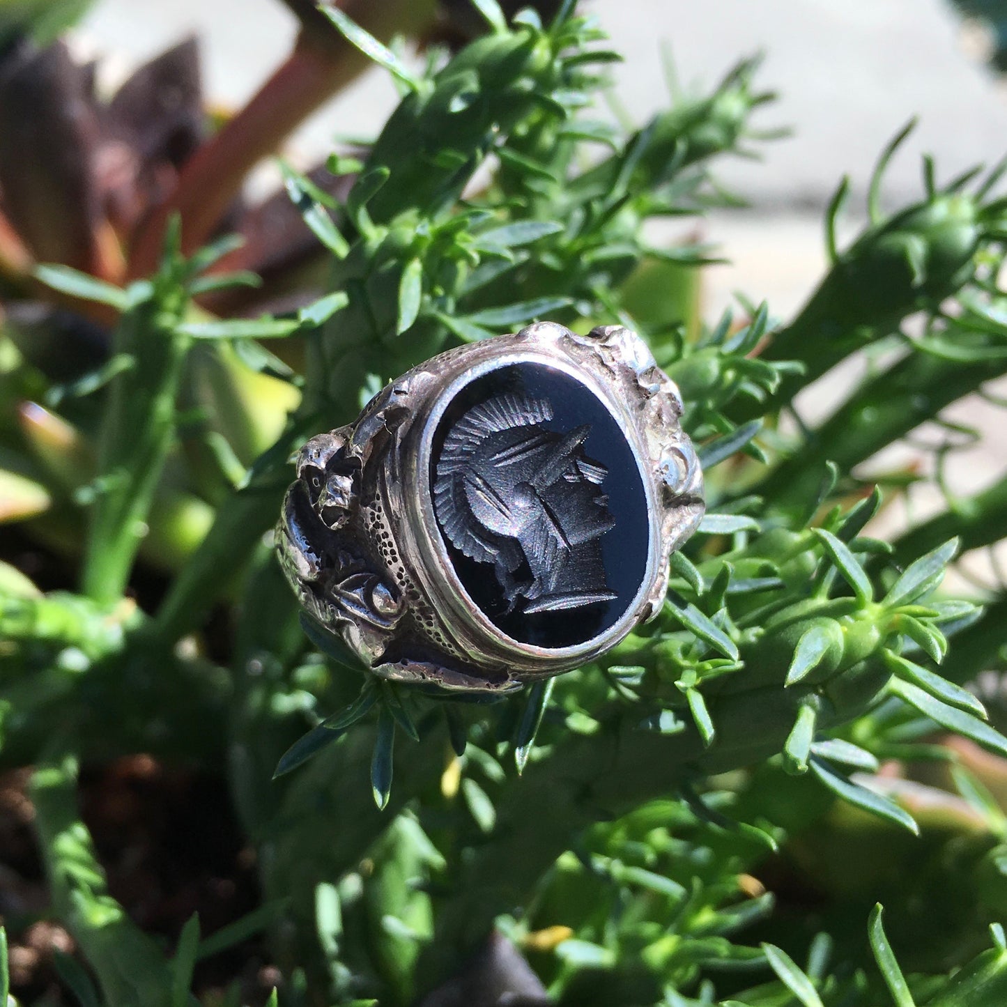 Vintage Antique Large Mens Silver Onyx Cameo Roman Decorative Ring - Hashtag Watch Company