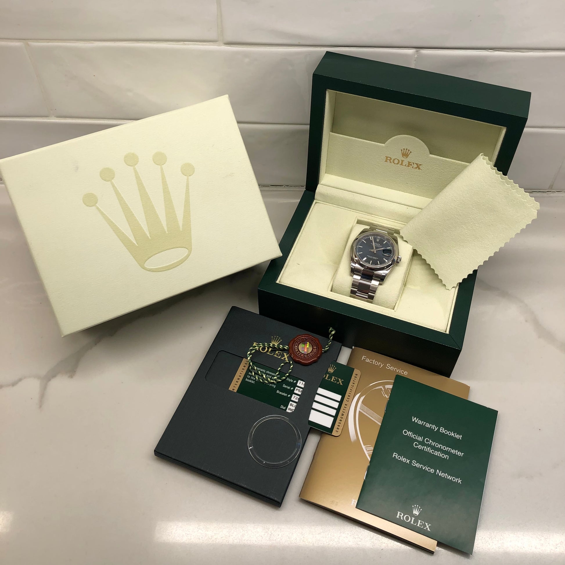 2014 Rolex Datejust 116200 Blue Oyster 36mm Smooth Bezel Wristwatch with Box and Papers Unworn Factory Wrapped - Hashtag Watch Company