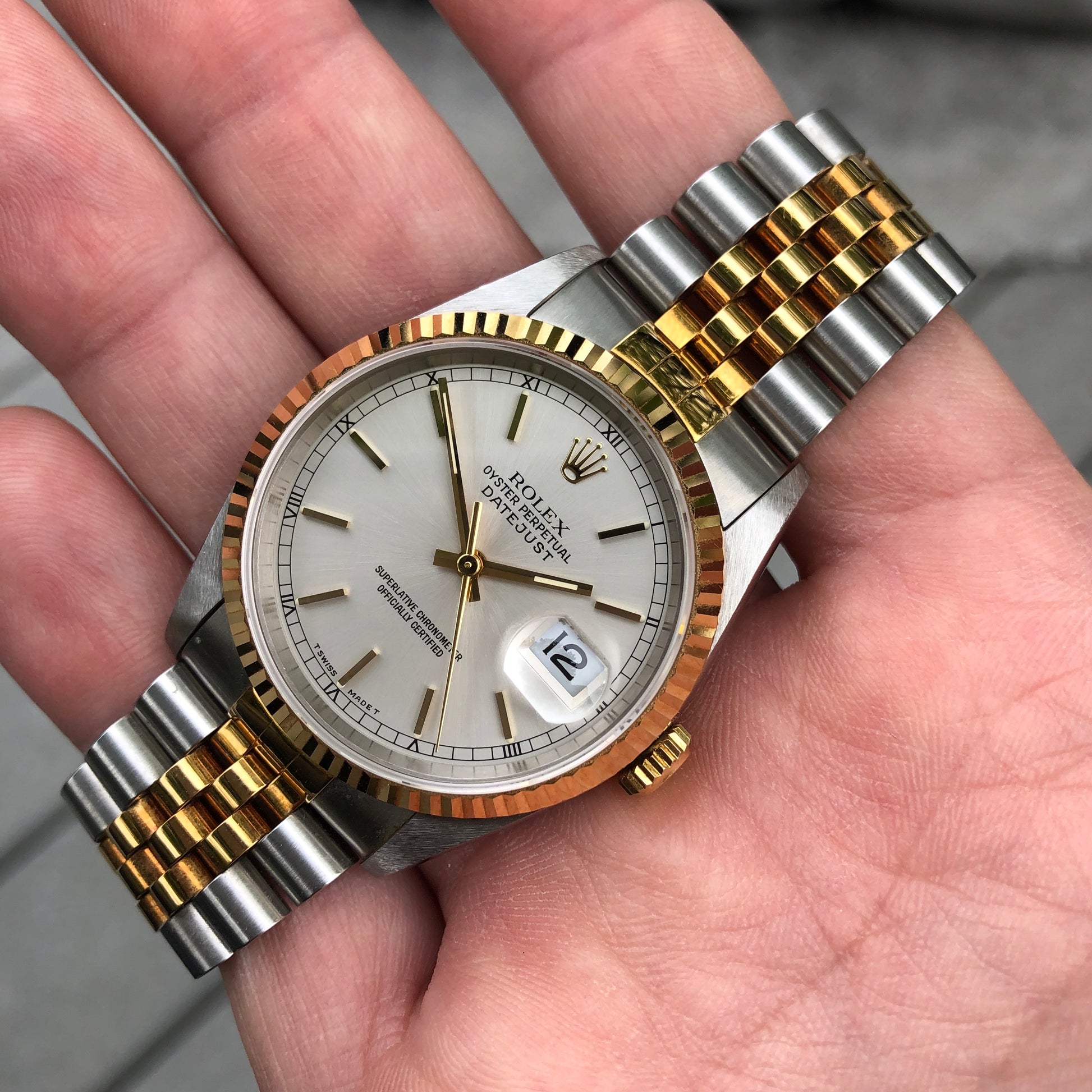 Rolex Datejust 16233 Silver Steel Gold Two Tone Jubilee Automatic Wristwatch Box Papers Circa 1995 - Hashtag Watch Company