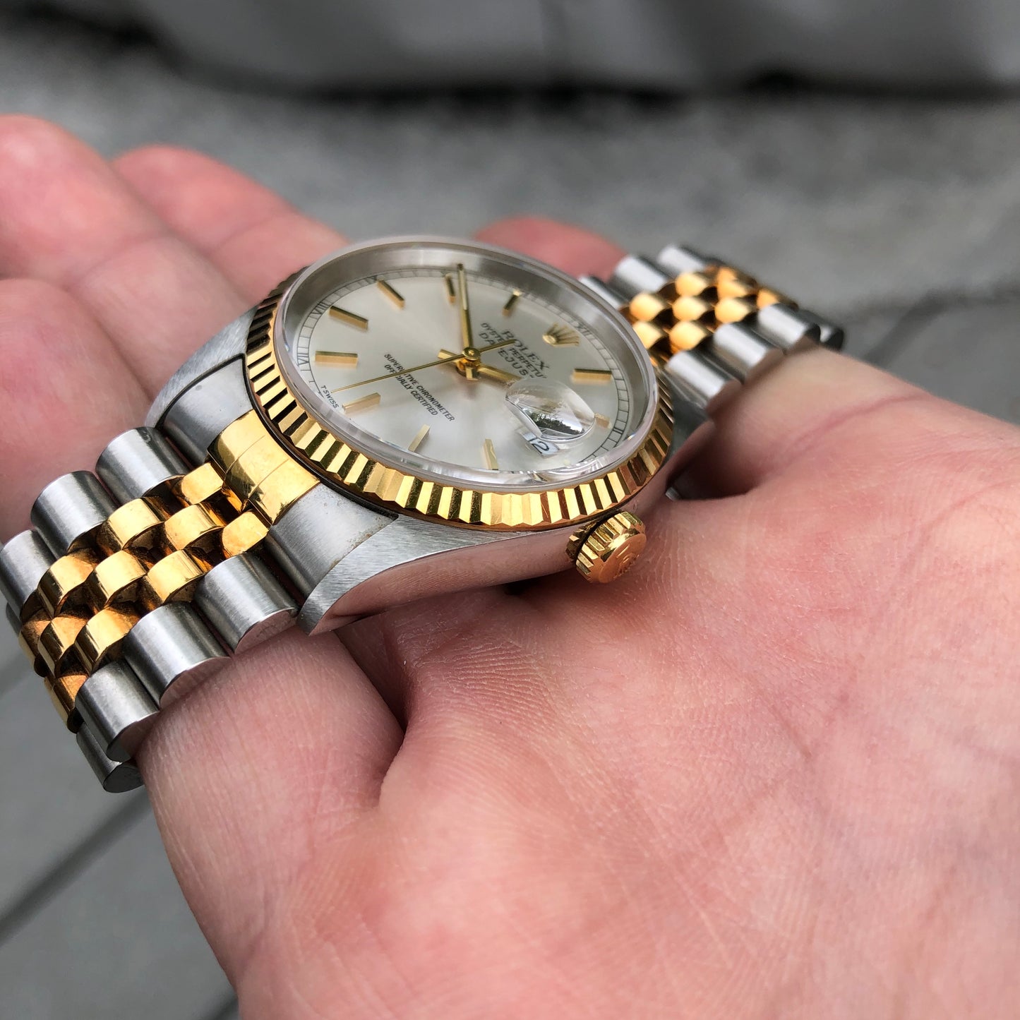 Rolex Datejust 16233 Silver Steel Gold Two Tone Jubilee Automatic Wristwatch Box Papers Circa 1995 - Hashtag Watch Company