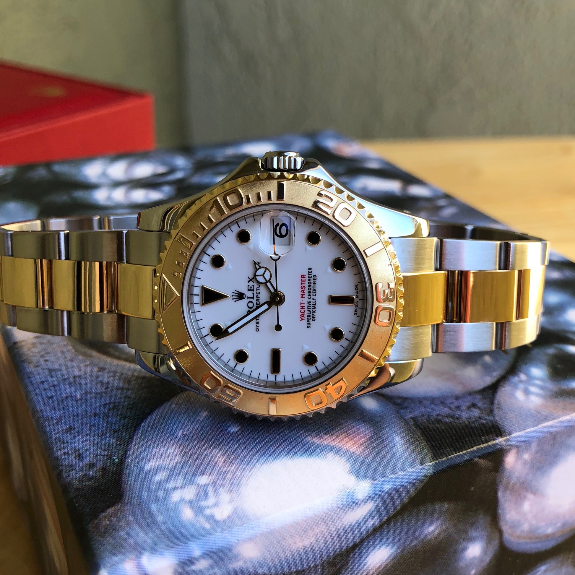 Rolex Yachtmaster 168623 Two Tone Steel Gold 35mm Mid Size White Oyster Wristwatch Box Papers - Hashtag Watch Company