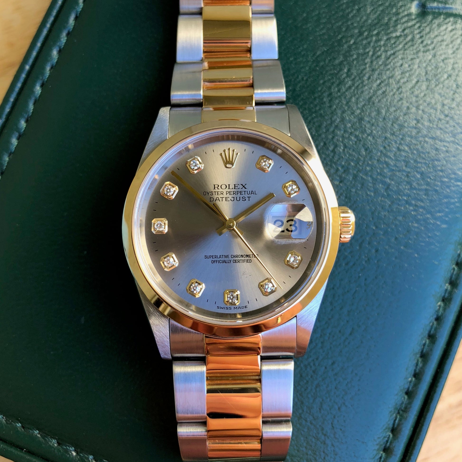 Rolex Datejust 16203 Steel Serti Diamond Two Tone 18K Gold Wristwatch Box & Papers - Hashtag Watch Company