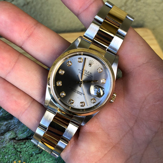 Rolex Datejust 16203 Steel Serti Diamond Two Tone 18K Gold Wristwatch Box & Papers - Hashtag Watch Company