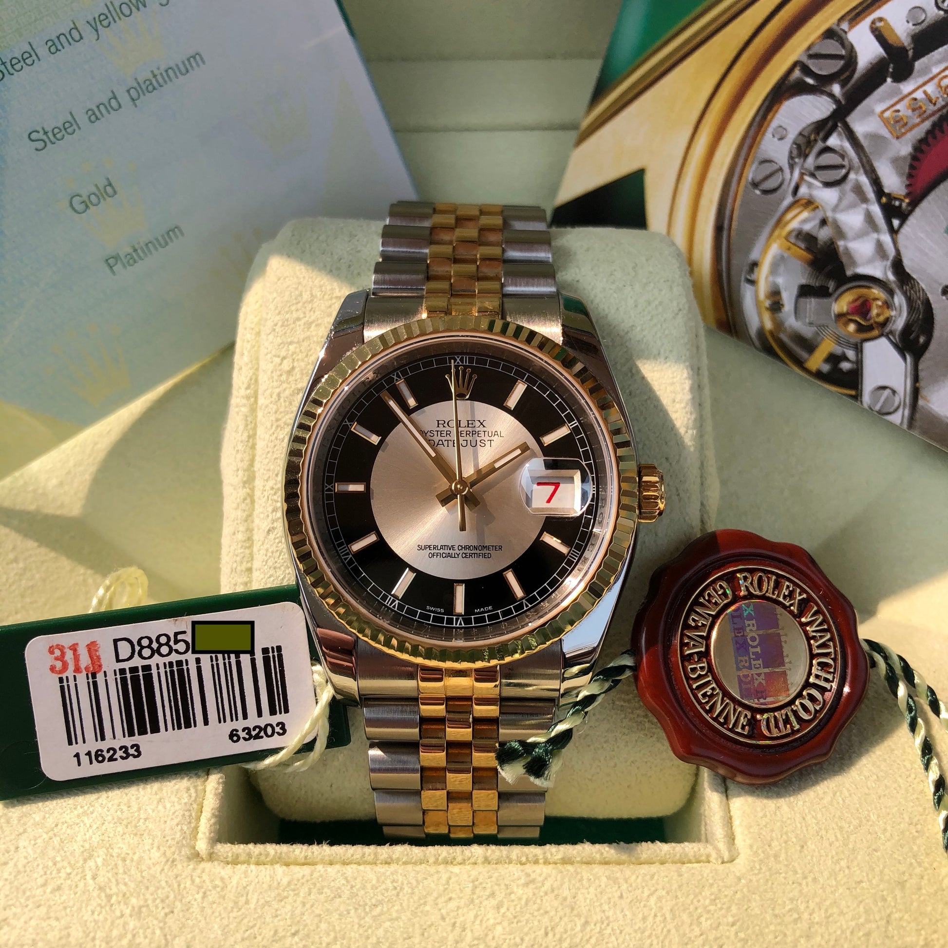 Rolex Datejust 116233 Silver Black Red Date Wheel 36mm Jubilee Wristwatch Box Papers 2005 - Hashtag Watch Company