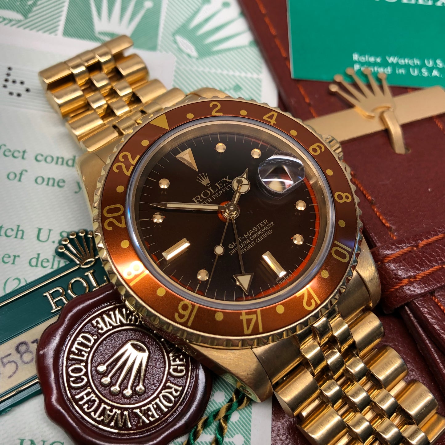 1981 Rolex GMT MASTER 16758 Root Beer 18K Yellow Gold Nipple Dial Wristwatch Box Papers - Hashtag Watch Company