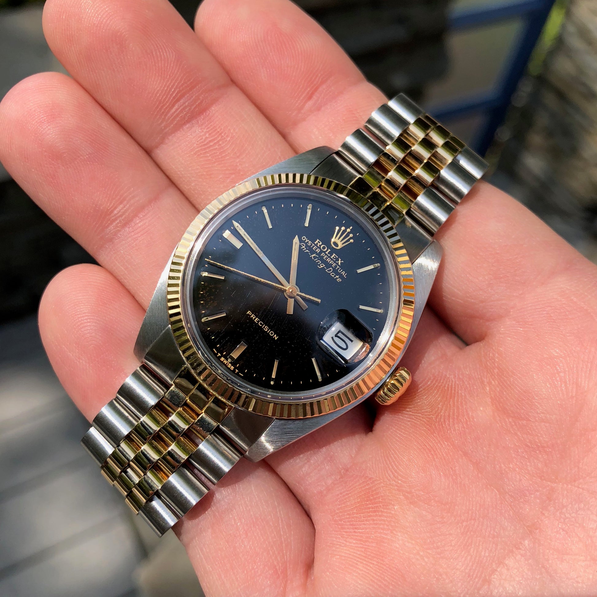 Vintage Rolex Air King Date 5701 Two Tone Steel Gold Black Caliber 1570 Automatic Wristwatch - Hashtag Watch Company