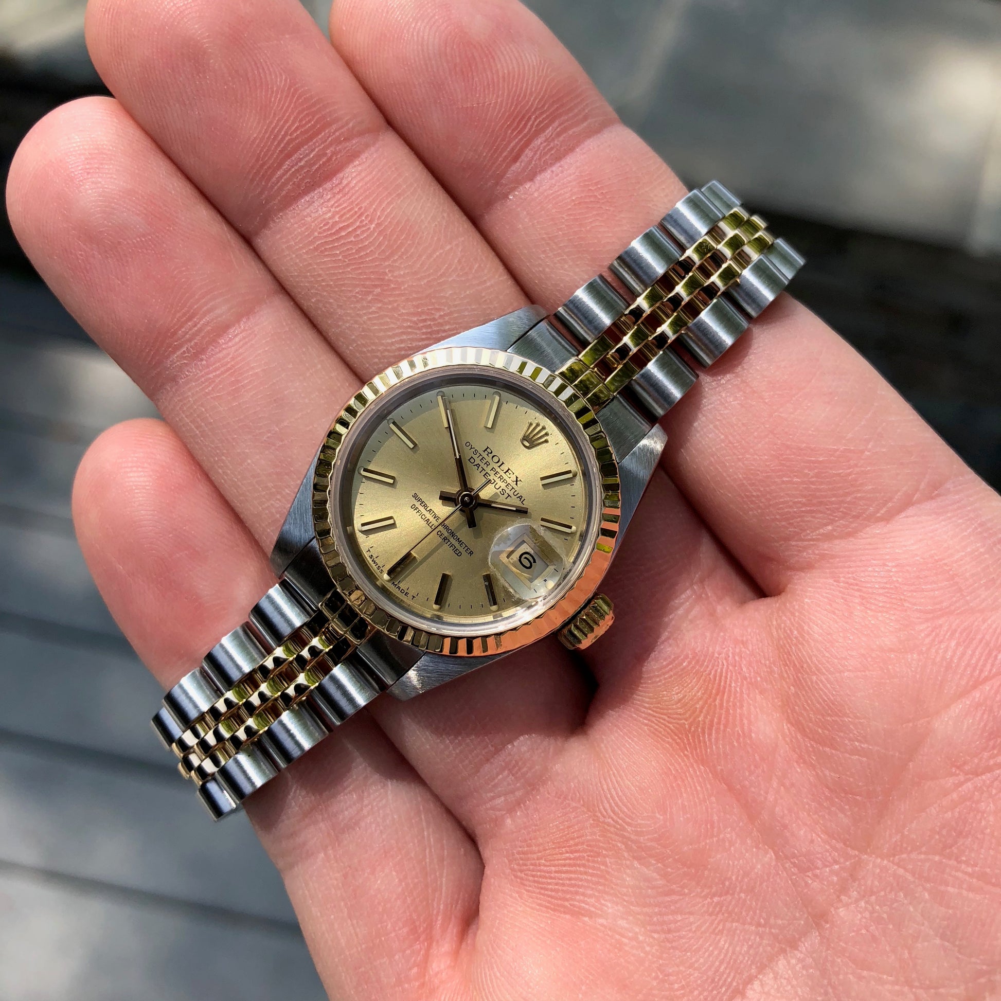 Rolex Datejust 69173 Ladies Two Tone Champagne Stick Dial Steel 18K Gold Jubilee Wristwatch Box & Papers - Hashtag Watch Company