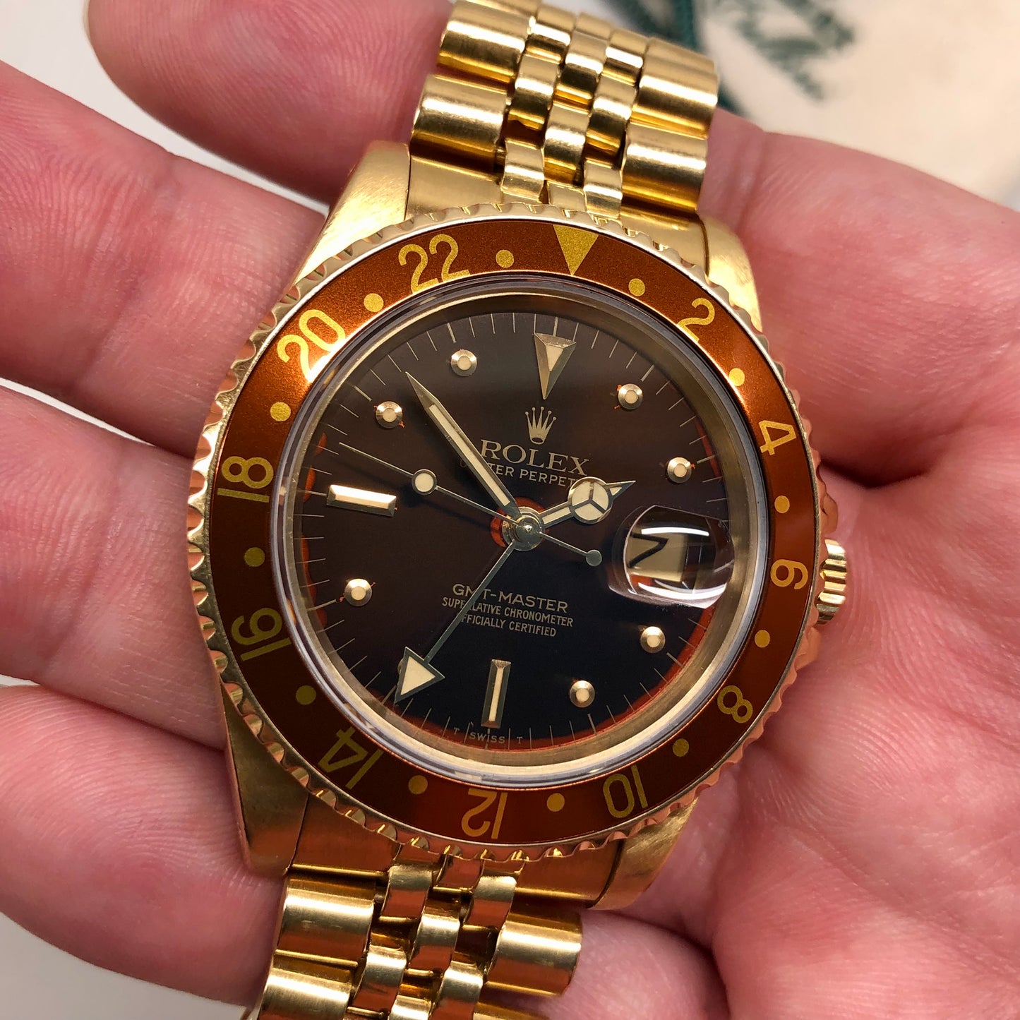 1981 Rolex GMT MASTER 16758 Root Beer 18K Yellow Gold Nipple Dial Wristwatch Box Papers - Hashtag Watch Company