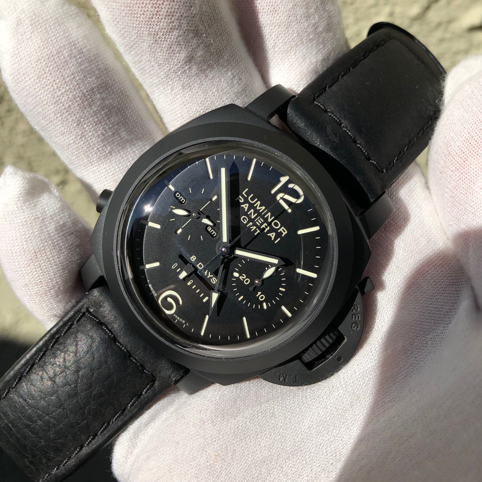 Panerai Luminor PAM 317 Monopulsante 1950 8 Days Chronograph GMT Wristwatch Box Papers - Hashtag Watch Company