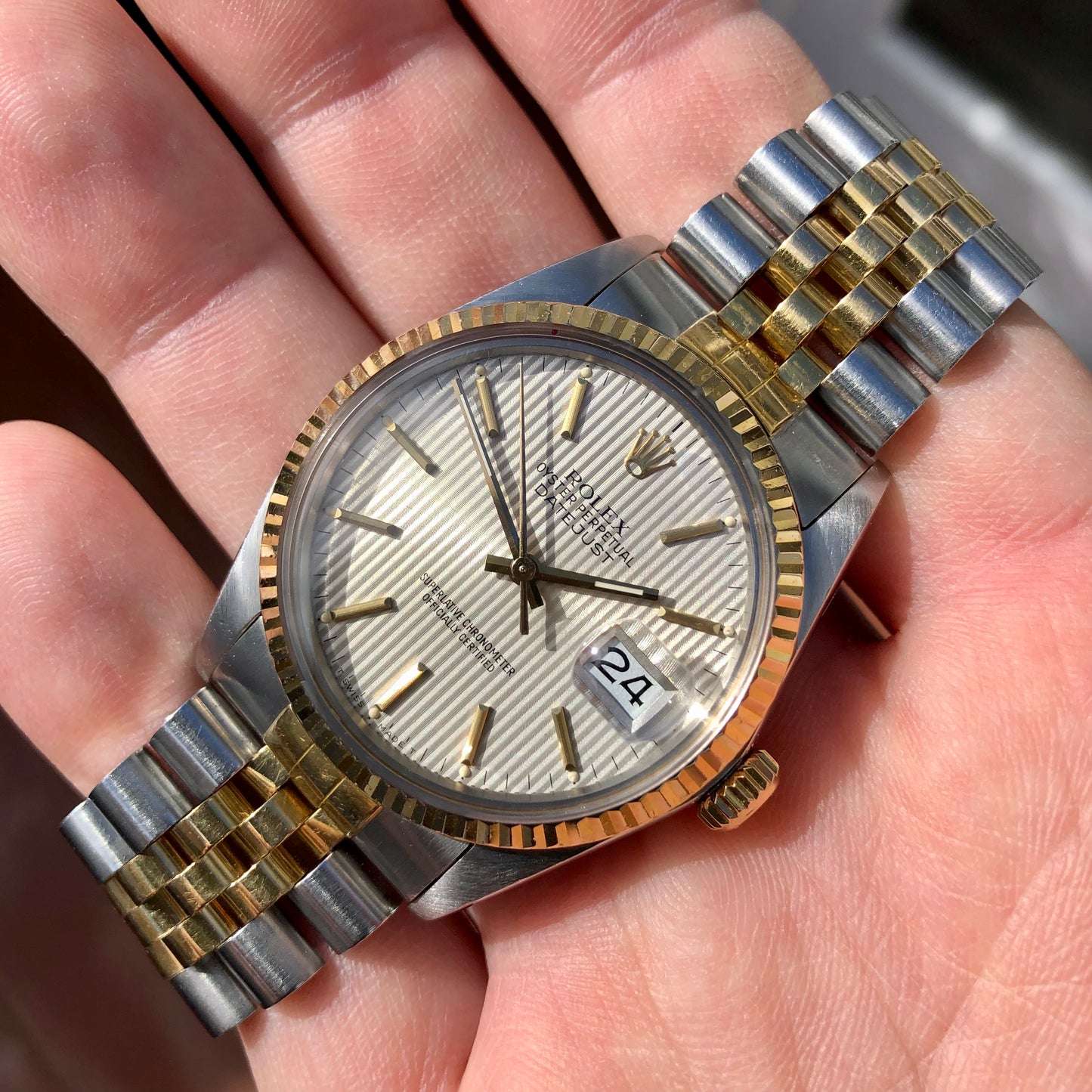 1986 Rolex Datejust 16013 Silver Tapestry Two Tone Jubilee Wristwatch with Box and Papers - Hashtag Watch Company