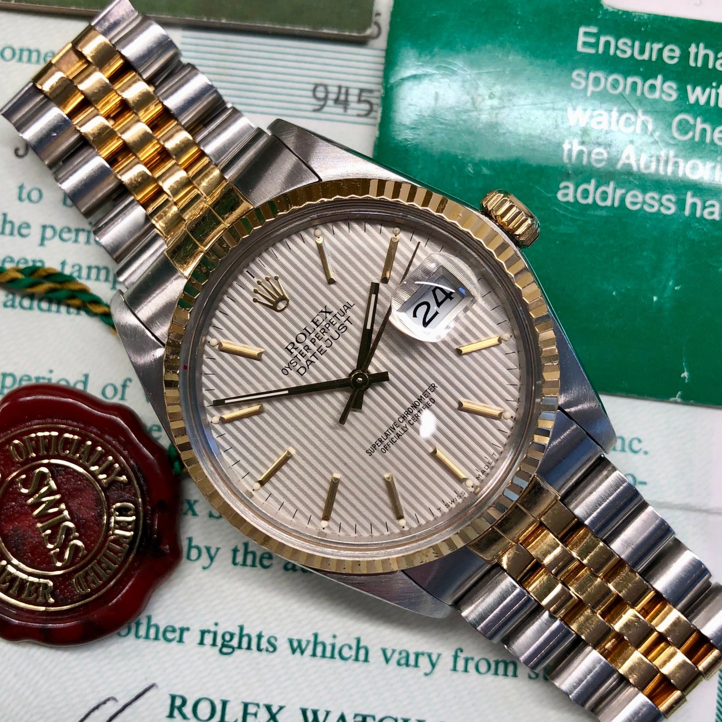 1986 Rolex Datejust 16013 Silver Tapestry Two Tone Jubilee Wristwatch with Box and Papers - Hashtag Watch Company