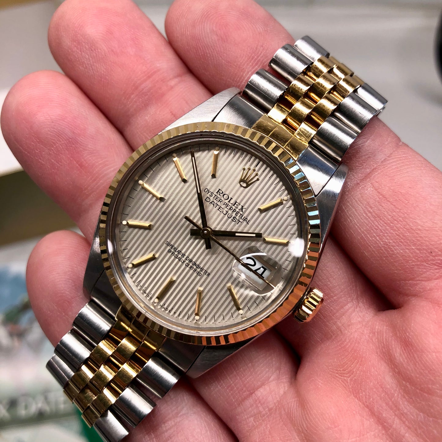 1986 Rolex Datejust 16013 Silver Tapestry Two Tone Jubilee Wristwatch with Box and Papers - Hashtag Watch Company