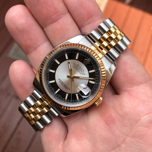 Rolex Datejust 116233 Silver Black Red Date Wheel 36mm Jubilee Wristwatch Box Papers 2005 - Hashtag Watch Company