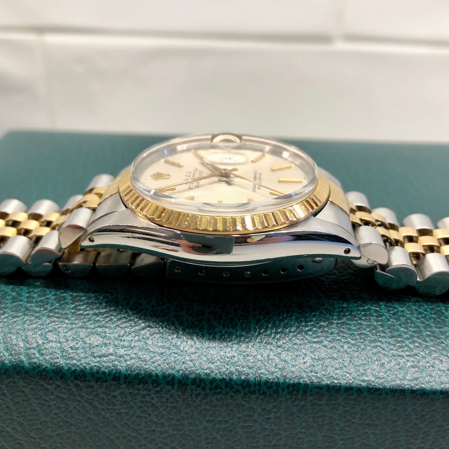 1986 Rolex Datejust 16013 Silver Tapestry Two Tone Jubilee Wristwatch with Box and Papers - Hashtag Watch Company