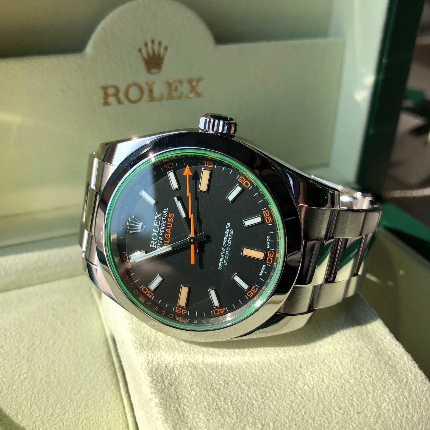 Rolex Milgauss Green 116400GV Green Steel Wristwatch Box & Papers Circa 2014 - Hashtag Watch Company