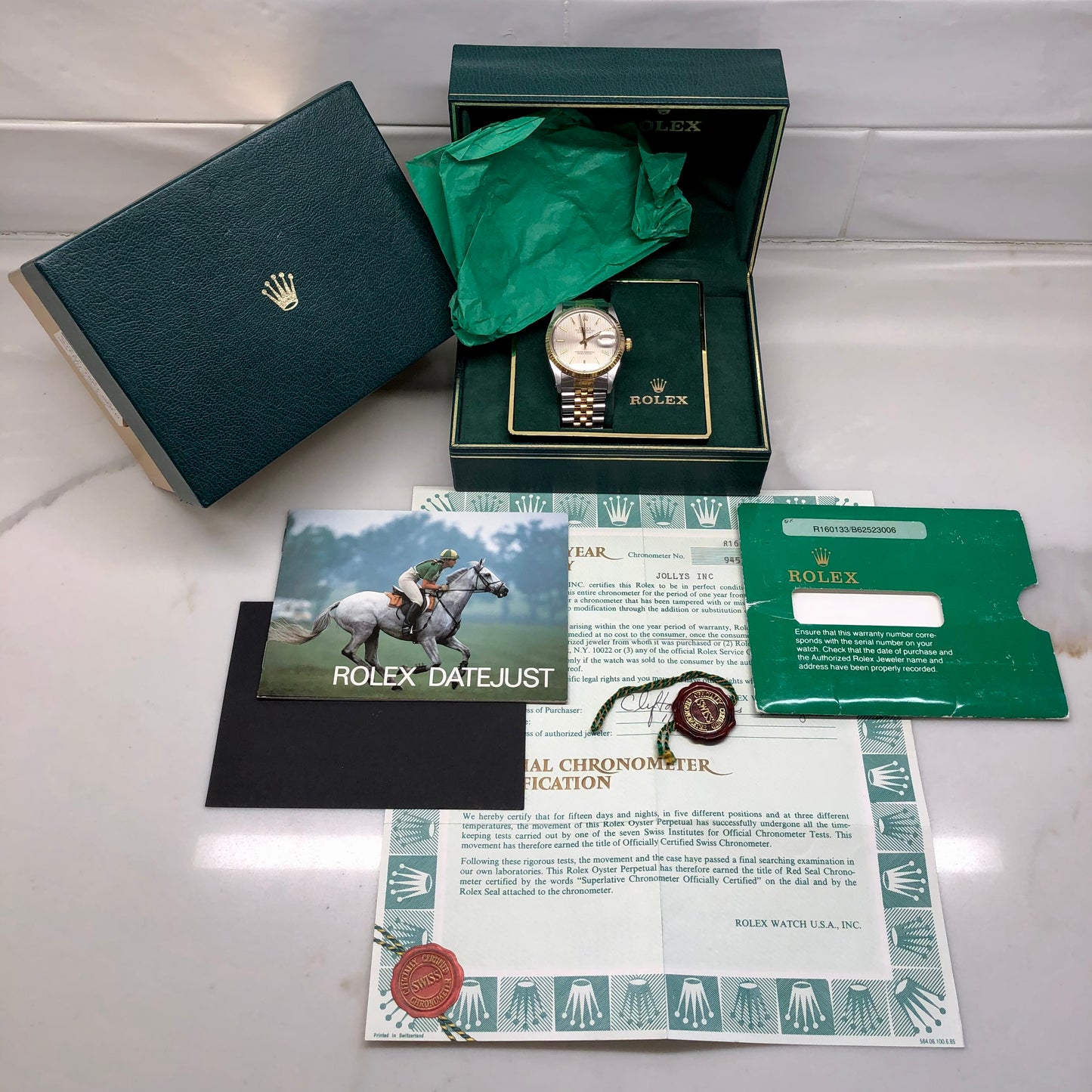 1986 Rolex Datejust 16013 Silver Tapestry Two Tone Jubilee Wristwatch with Box and Papers - Hashtag Watch Company