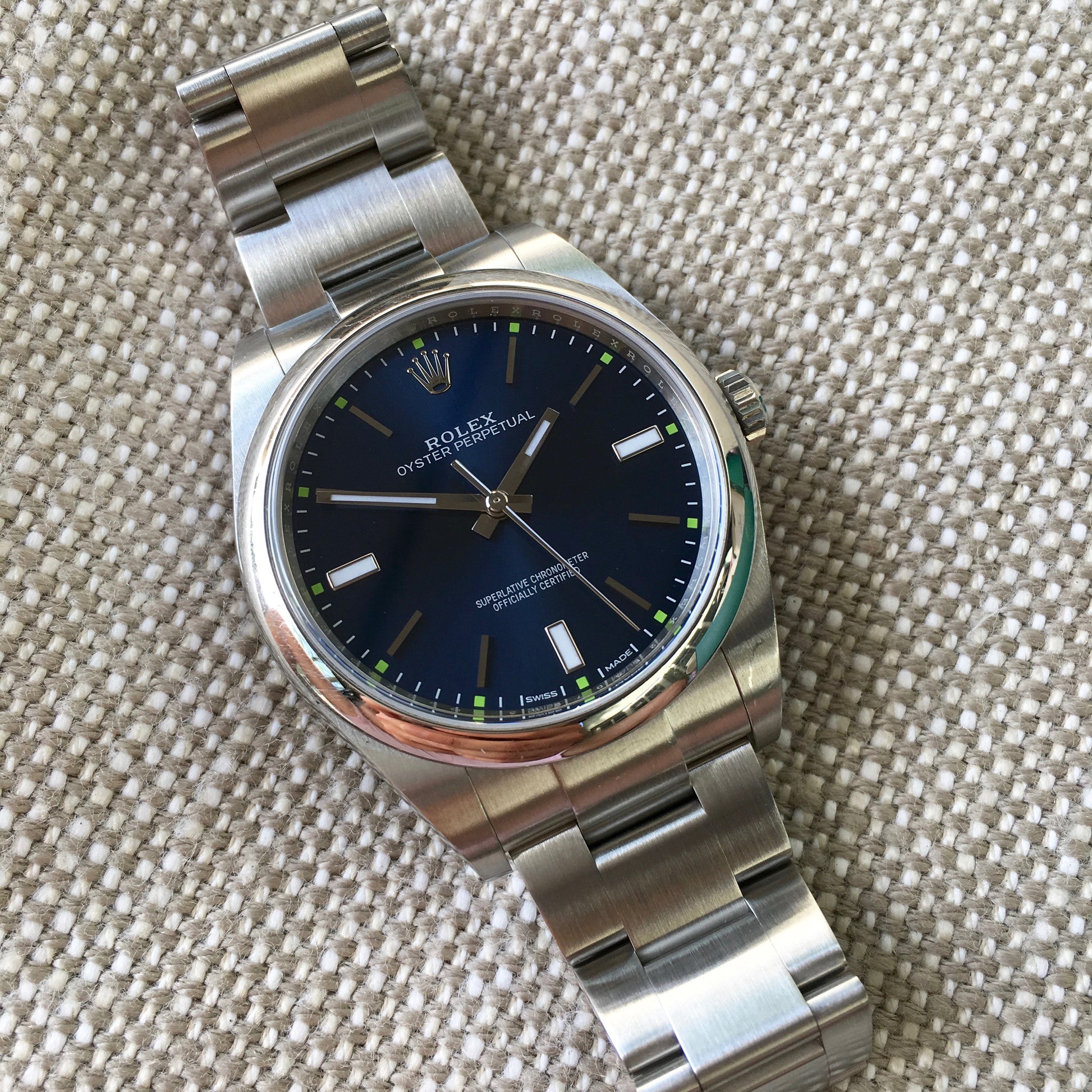Rolex Oyster Perpetual 114300 Blue Green Stainless Steel Mens Automatic Watch - Hashtag Watch Company