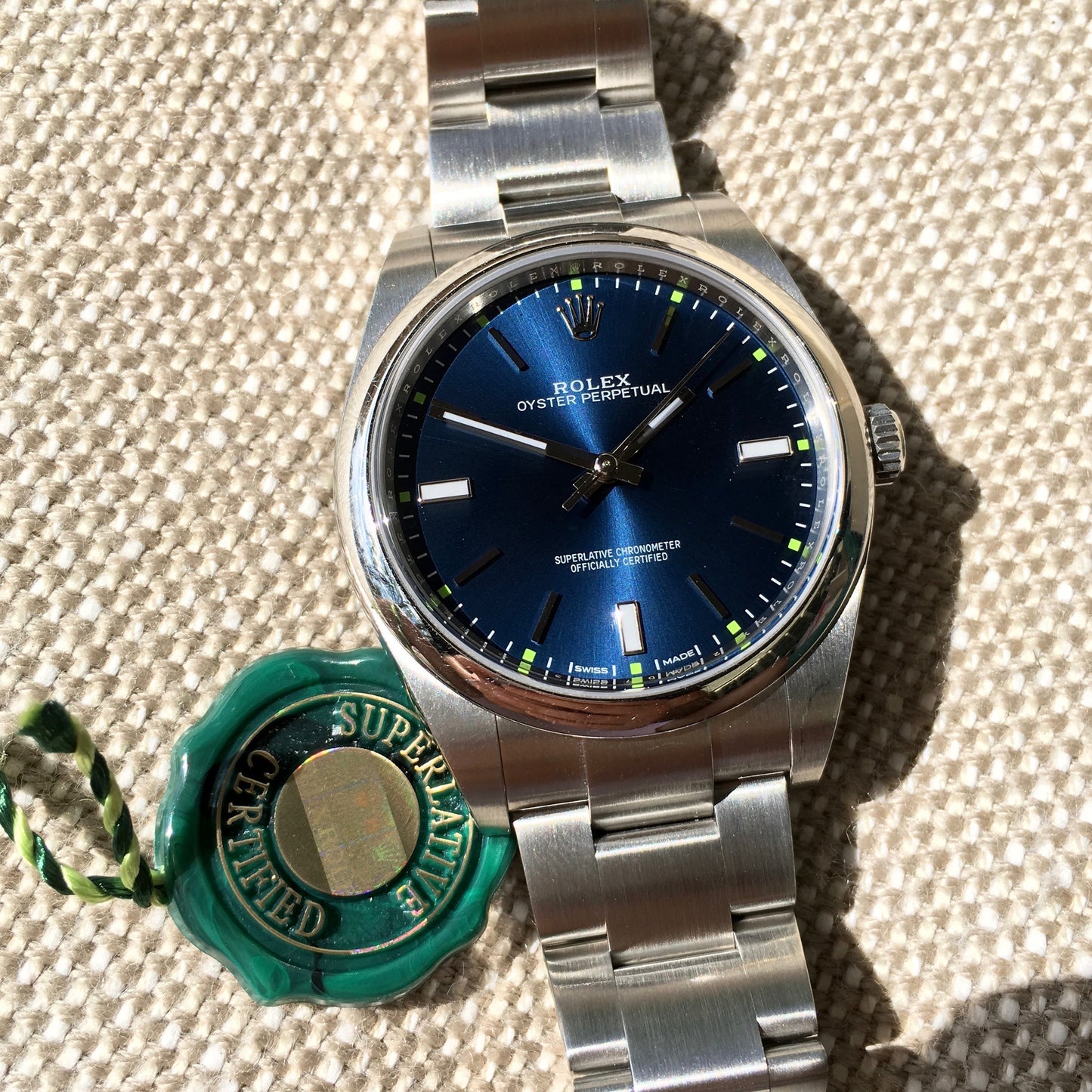 Rolex Oyster Perpetual 114300 Blue Green Stainless Steel Mens Automatic Watch - Hashtag Watch Company