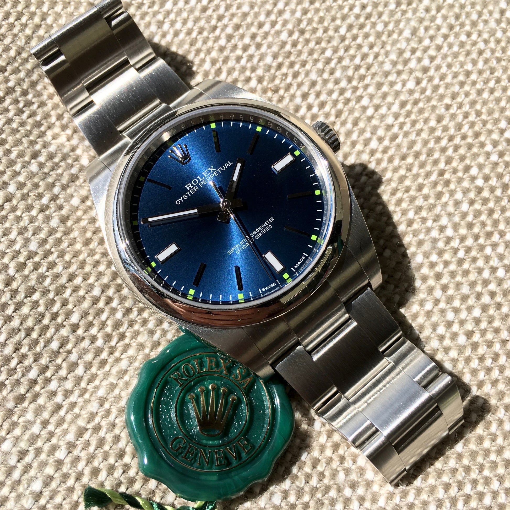 Rolex Oyster Perpetual 114300 Blue Green Stainless Steel Mens Automatic Watch - Hashtag Watch Company