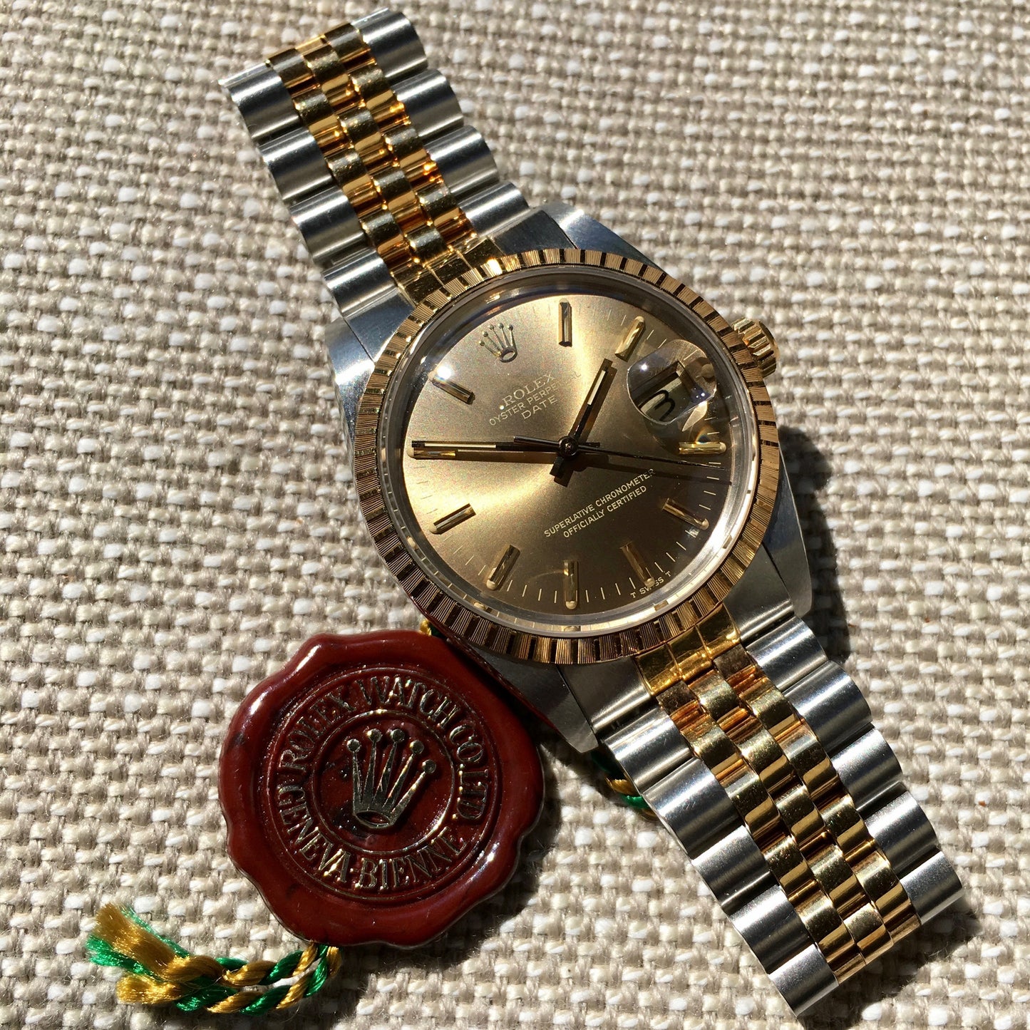 Rolex Date 15053 Two Tone Steel 18K Gold Jubilee Sepia Brown Watch Box Papers Circa 1987 - Hashtag Watch Company