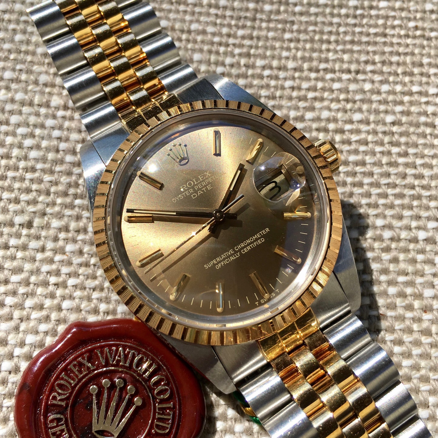 Rolex Date 15053 Two Tone Steel 18K Gold Jubilee Sepia Brown Watch Box Papers Circa 1987 - Hashtag Watch Company