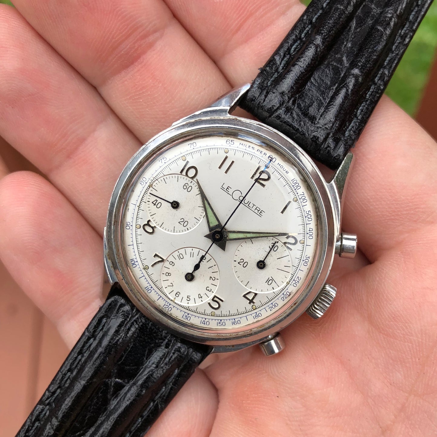 Vintage LeCoultre Stainless Steel Valjoux 72 Chronograph 35mm Triple Register Wristwatch - Hashtag Watch Company