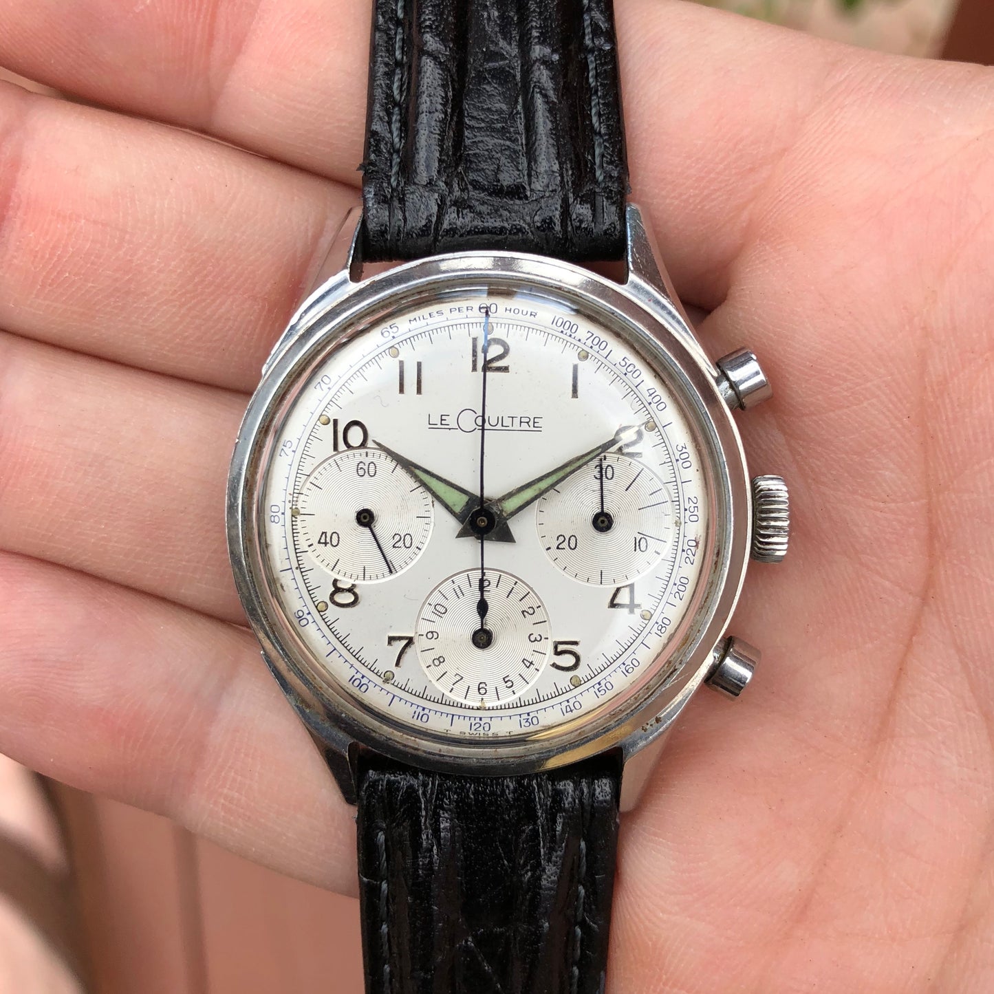 Vintage LeCoultre Stainless Steel Valjoux 72 Chronograph 35mm Triple Register Wristwatch - Hashtag Watch Company