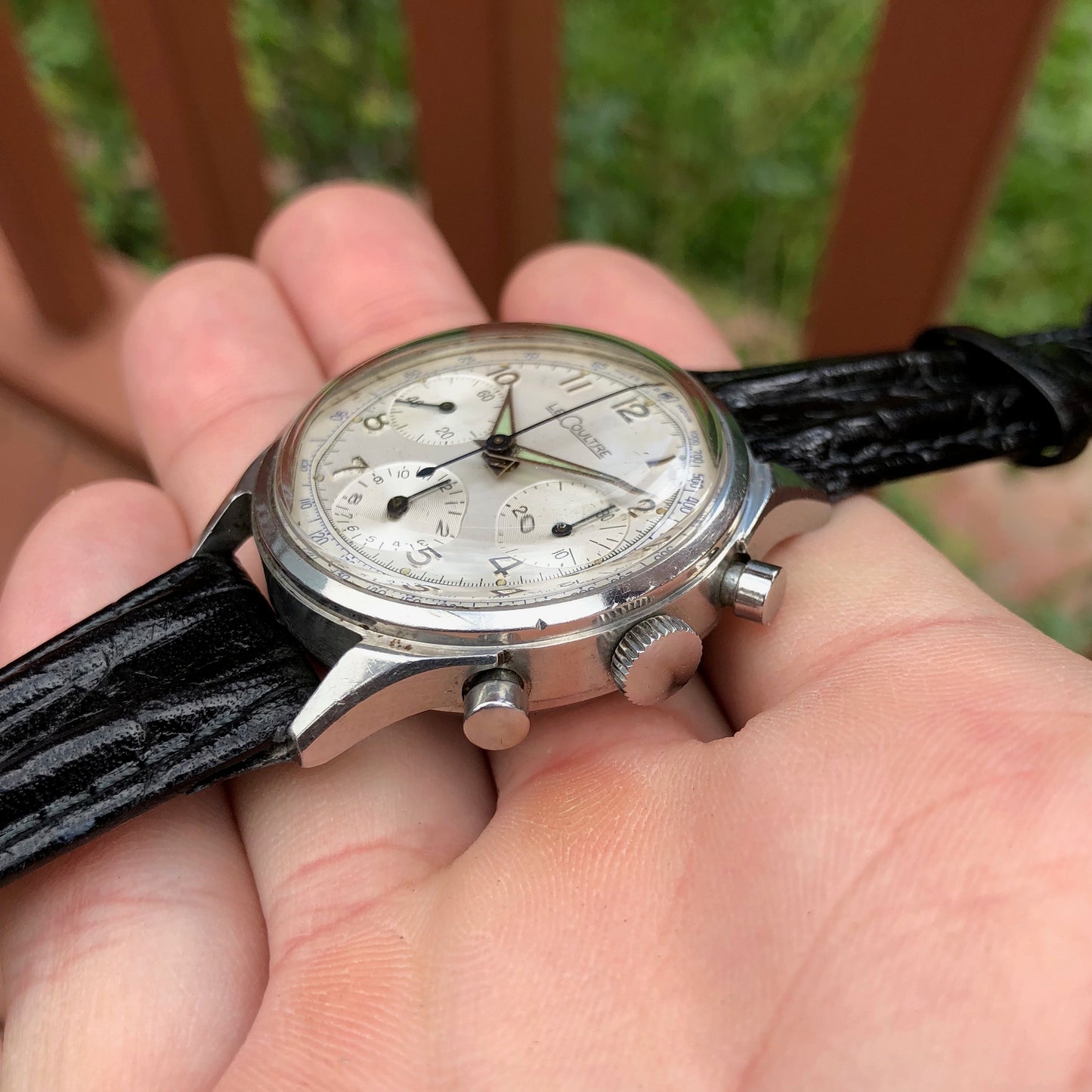 Vintage LeCoultre Stainless Steel Valjoux 72 Chronograph 35mm Triple Register Wristwatch - Hashtag Watch Company