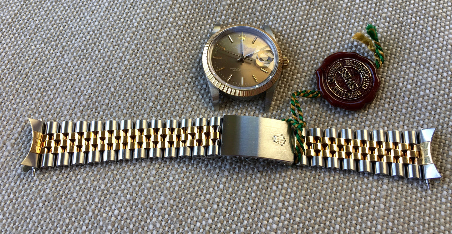 Rolex Date 15053 Two Tone Steel 18K Gold Jubilee Sepia Brown Watch Box Papers Circa 1987 - Hashtag Watch Company