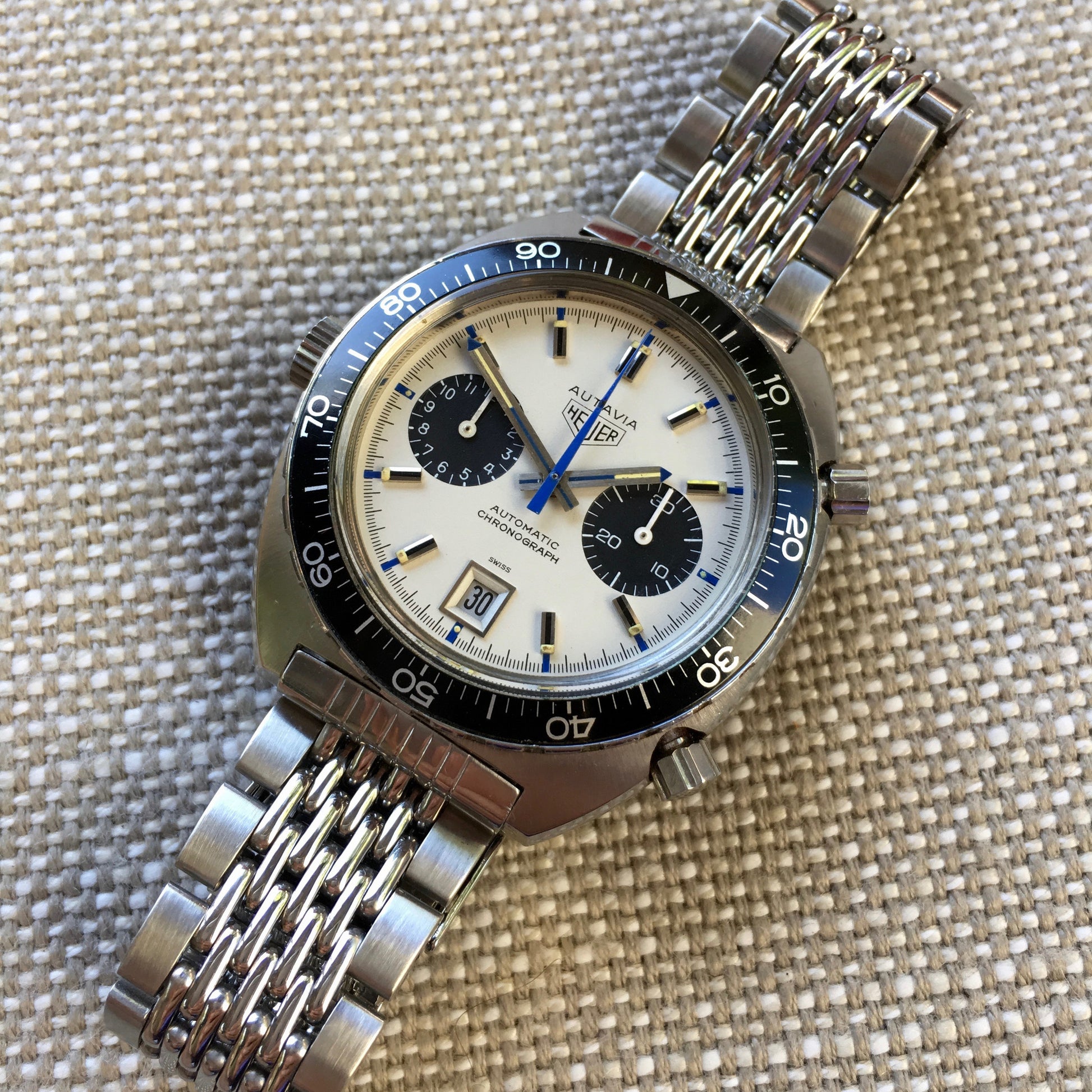 Vintage Heuer Autavia 1163 Jo Siffert Decimal Bezel Steel Chronograph Mk. 6 Cal. 11 Watch - Hashtag Watch Company
