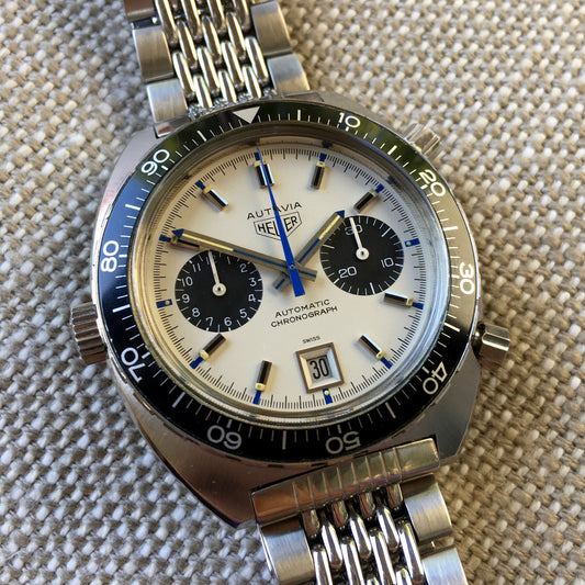 Vintage Heuer Autavia 1163 Jo Siffert Decimal Bezel Steel Chronograph Mk. 6 Cal. 11 Watch - Hashtag Watch Company