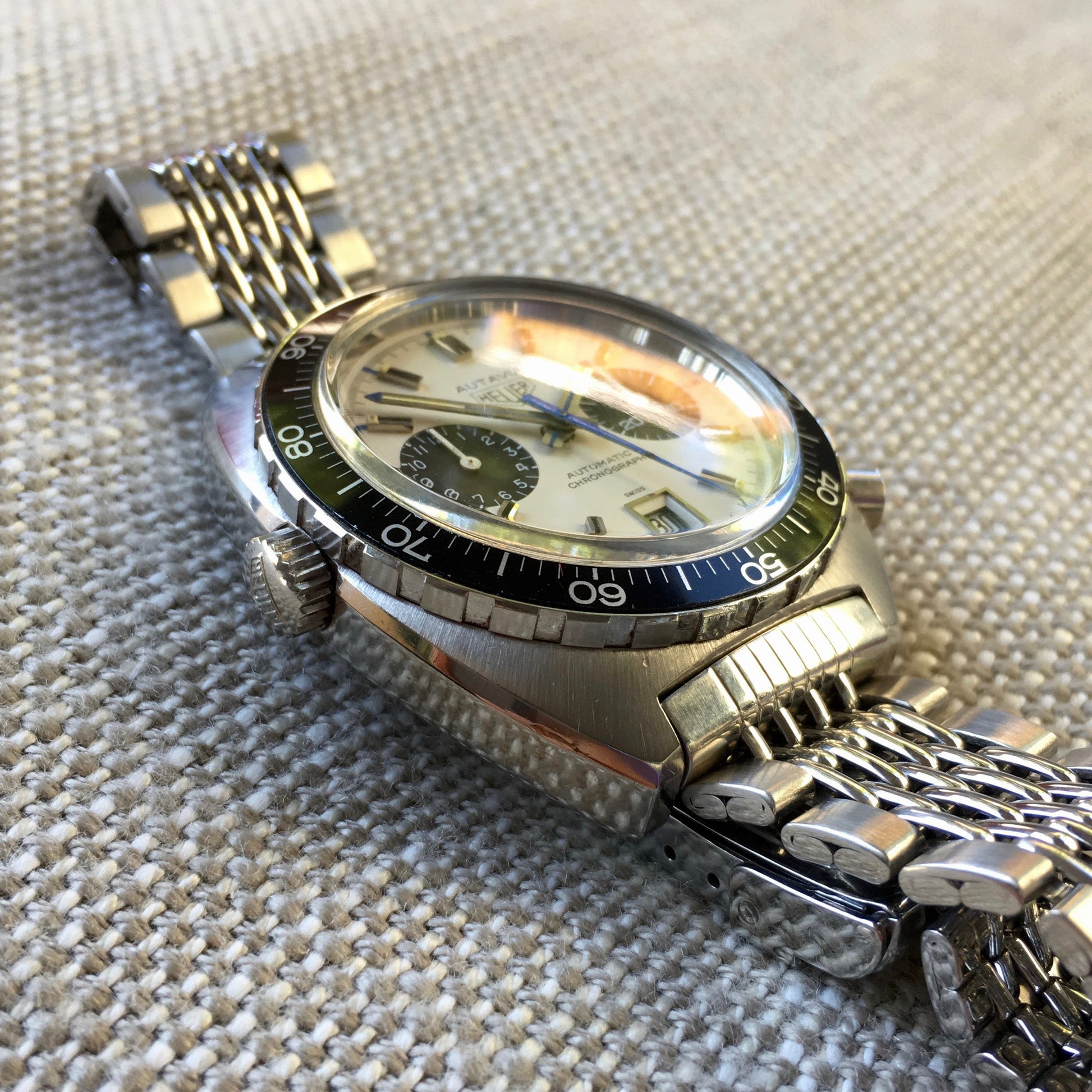 Vintage Heuer Autavia 1163 Jo Siffert Decimal Bezel Steel Chronograph Mk. 6 Cal. 11 Watch - Hashtag Watch Company