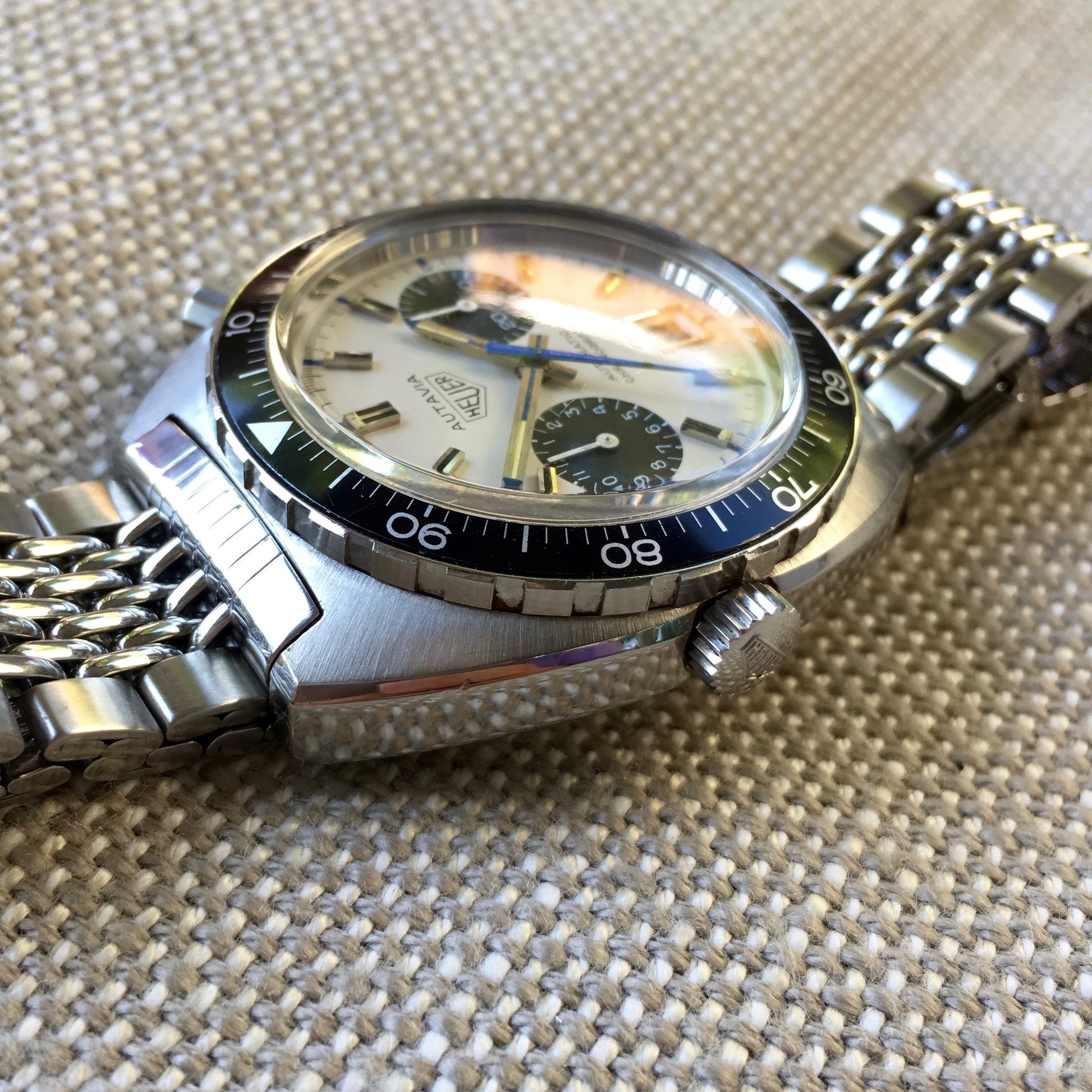 Vintage Heuer Autavia 1163 Jo Siffert Decimal Bezel Steel Chronograph Mk. 6 Cal. 11 Watch - Hashtag Watch Company