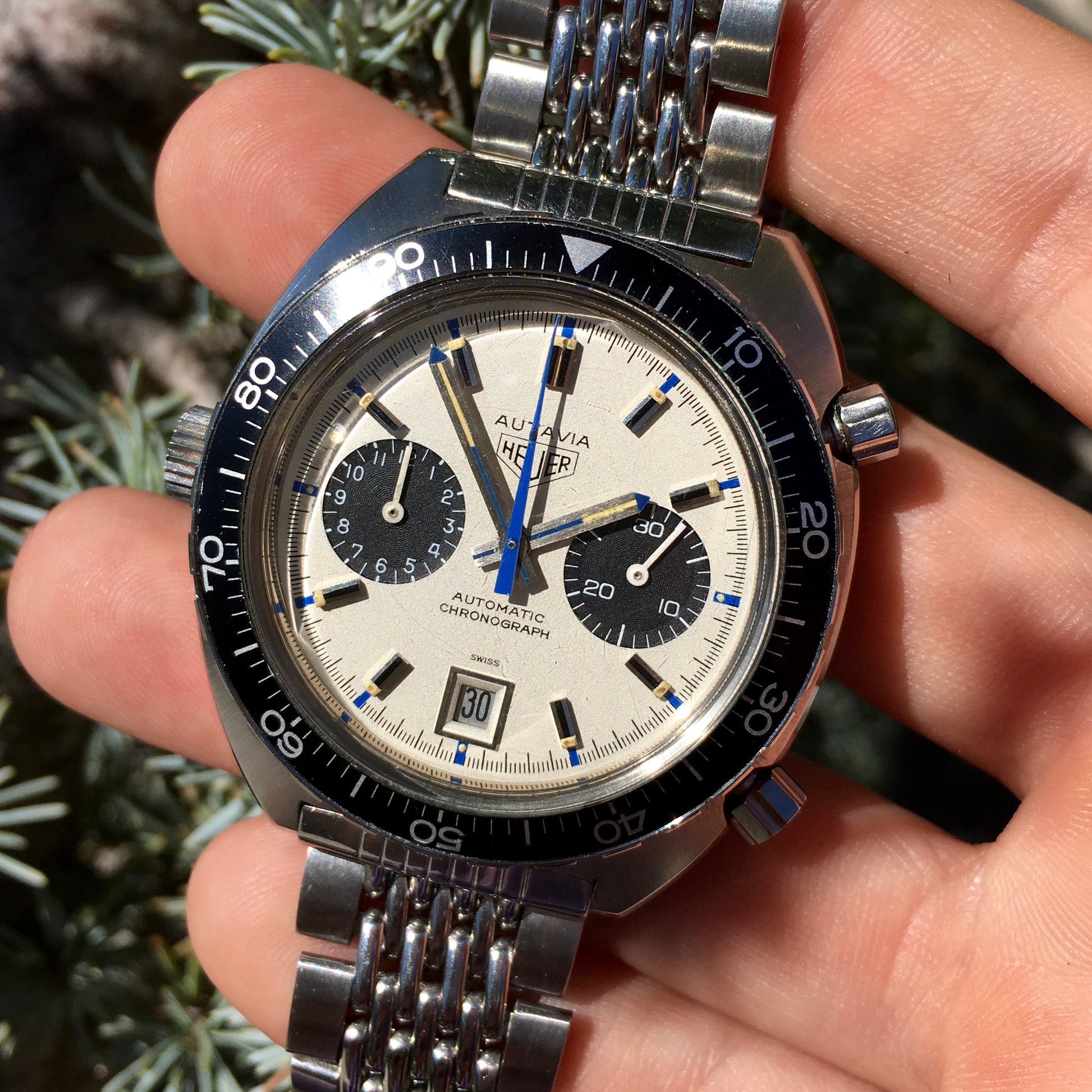 Vintage Heuer Autavia 1163 Jo Siffert Decimal Bezel Steel Chronograph Mk. 6 Cal. 11 Watch - Hashtag Watch Company