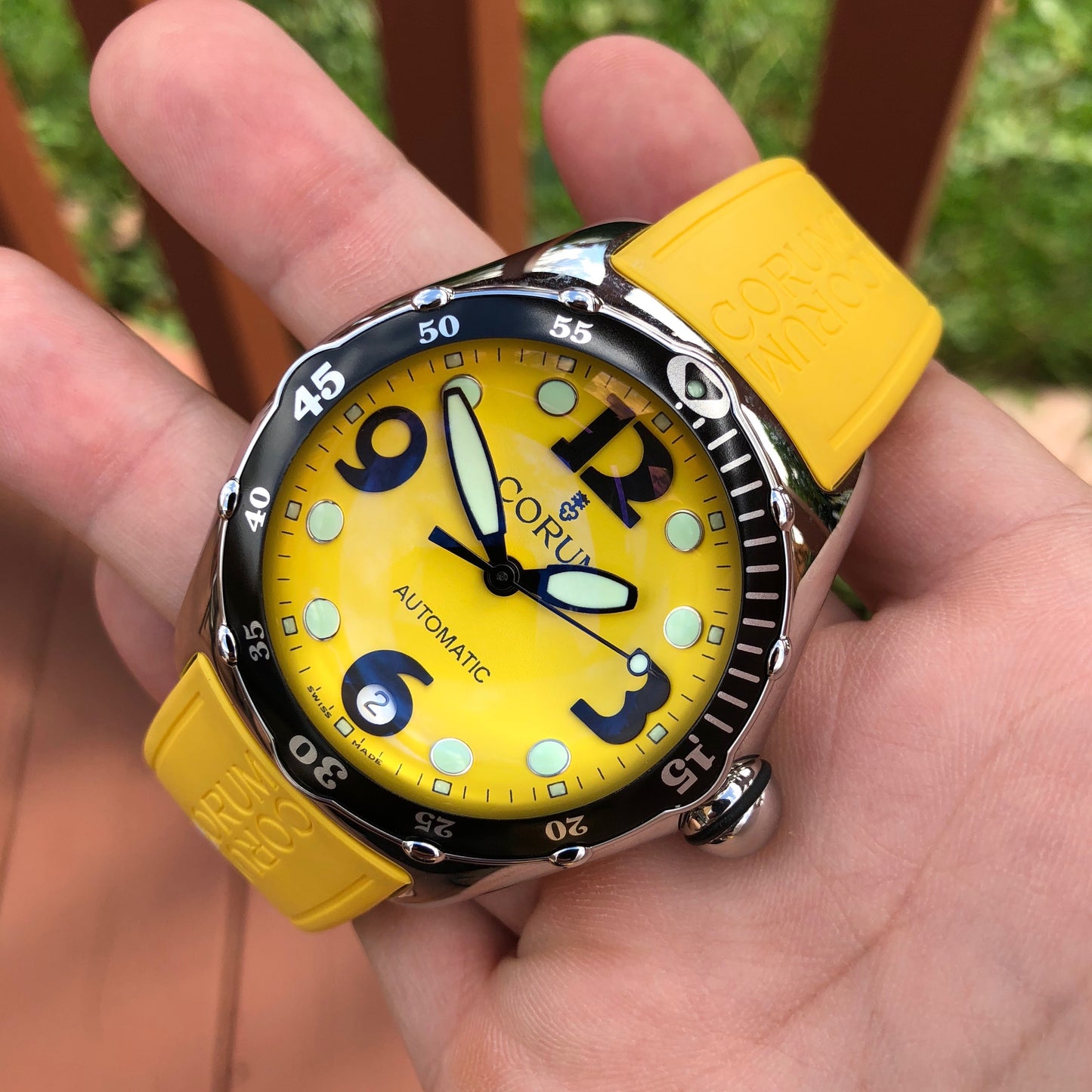 Corum Bubble Yellow 82.180.20 Automatic 45mm Stainless Steel Rubber Wristwatch Box & Papers - Hashtag Watch Company