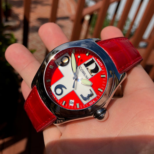 Corum Bubble Swiss Flag 163.150.20 45mm Stainless Steel Red Leather Wristwatch Box & Papers - Hashtag Watch Company