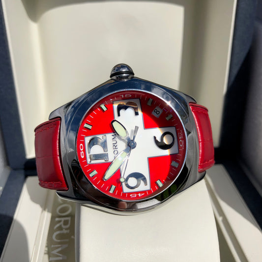 Corum Bubble Swiss Flag 163.150.20 45mm Stainless Steel Red Leather Wristwatch Box & Papers - Hashtag Watch Company