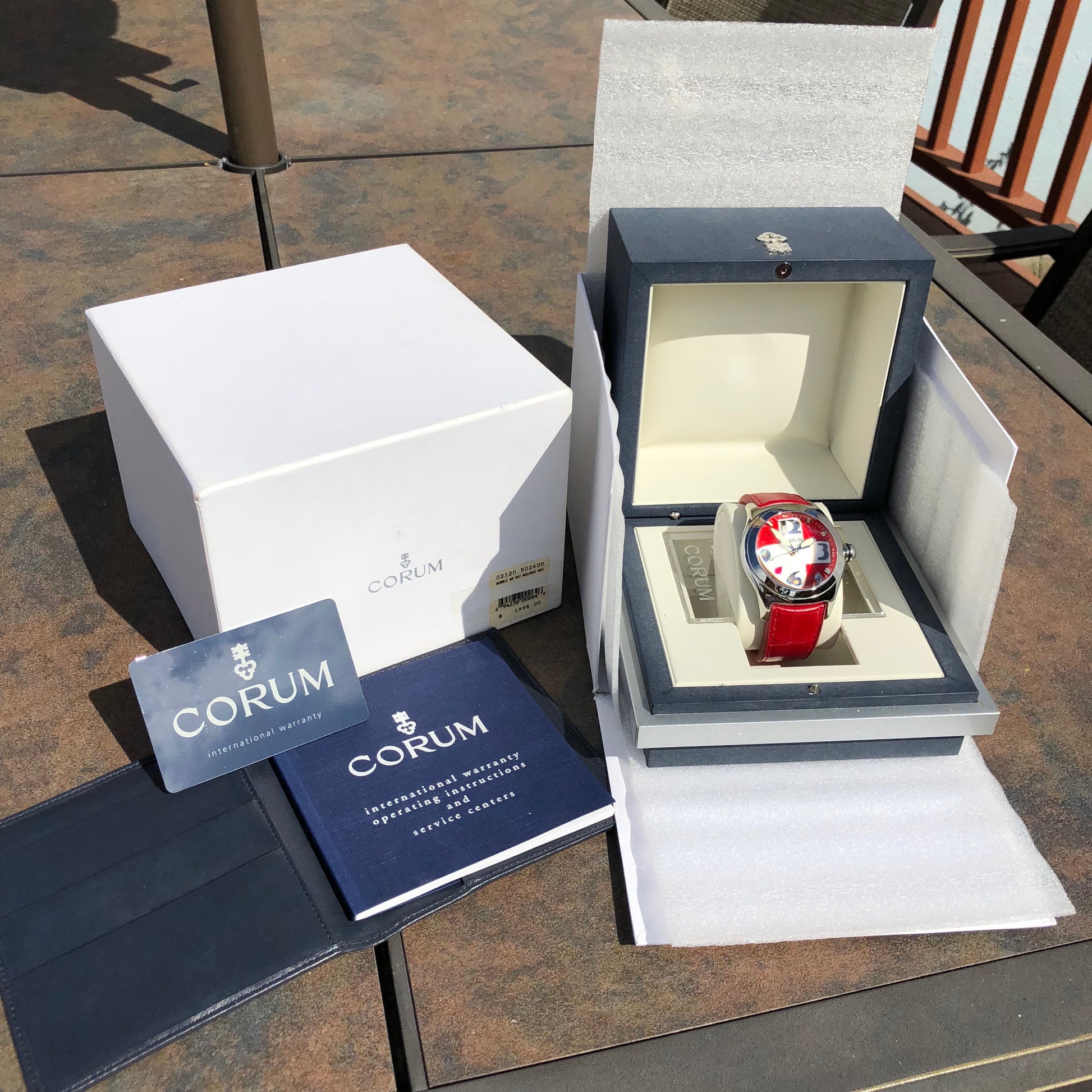 Corum Bubble Swiss Flag 163.150.20 45mm Stainless Steel Red Leather Wristwatch Box & Papers - Hashtag Watch Company