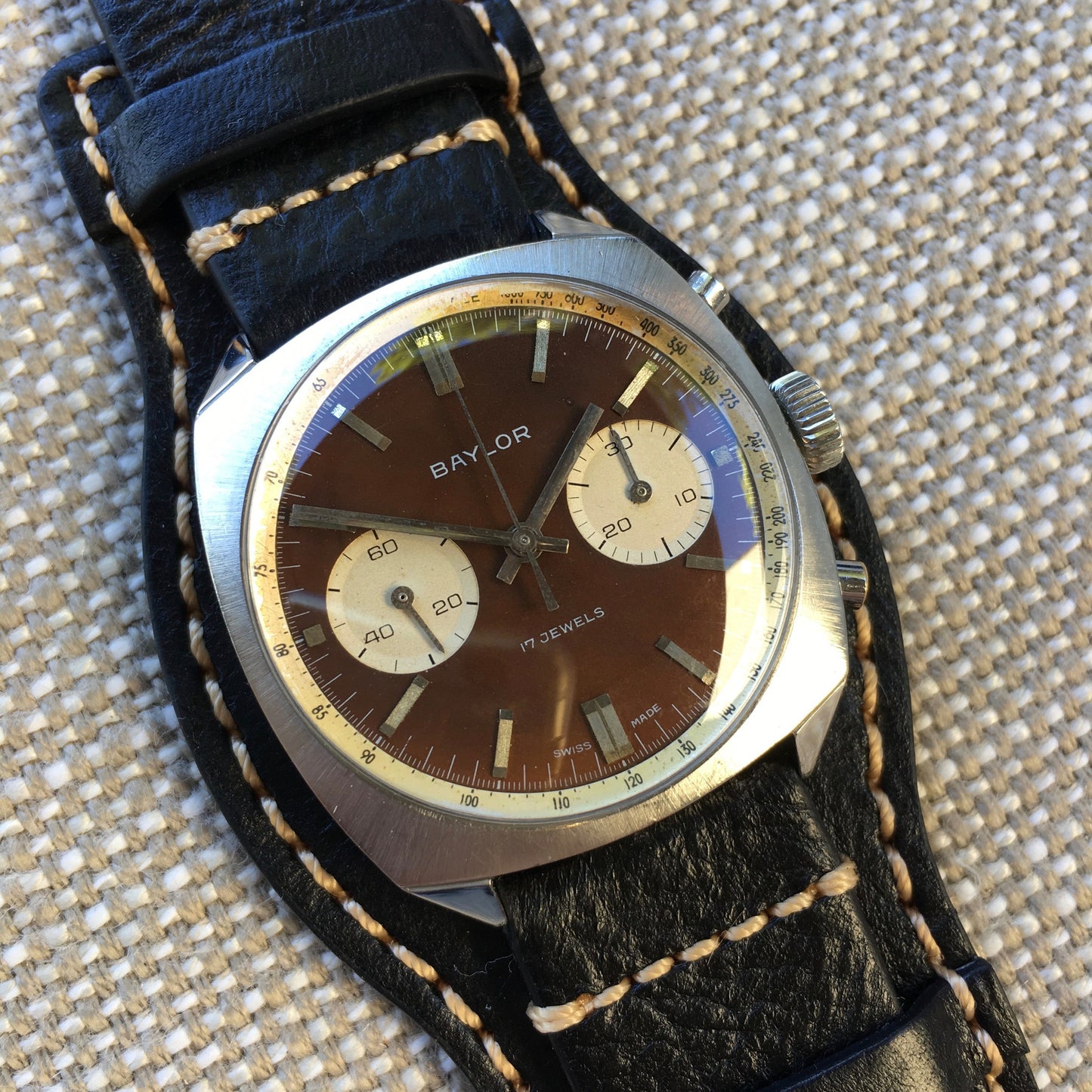 Vintage Baylor Steel Chronograph Venus 210 Brown Tropical Manual Wristwatch - Hashtag Watch Company