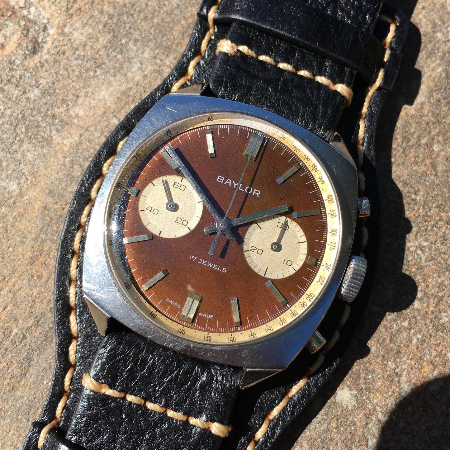 Vintage Baylor Steel Chronograph Venus 210 Brown Tropical Manual Wristwatch - Hashtag Watch Company