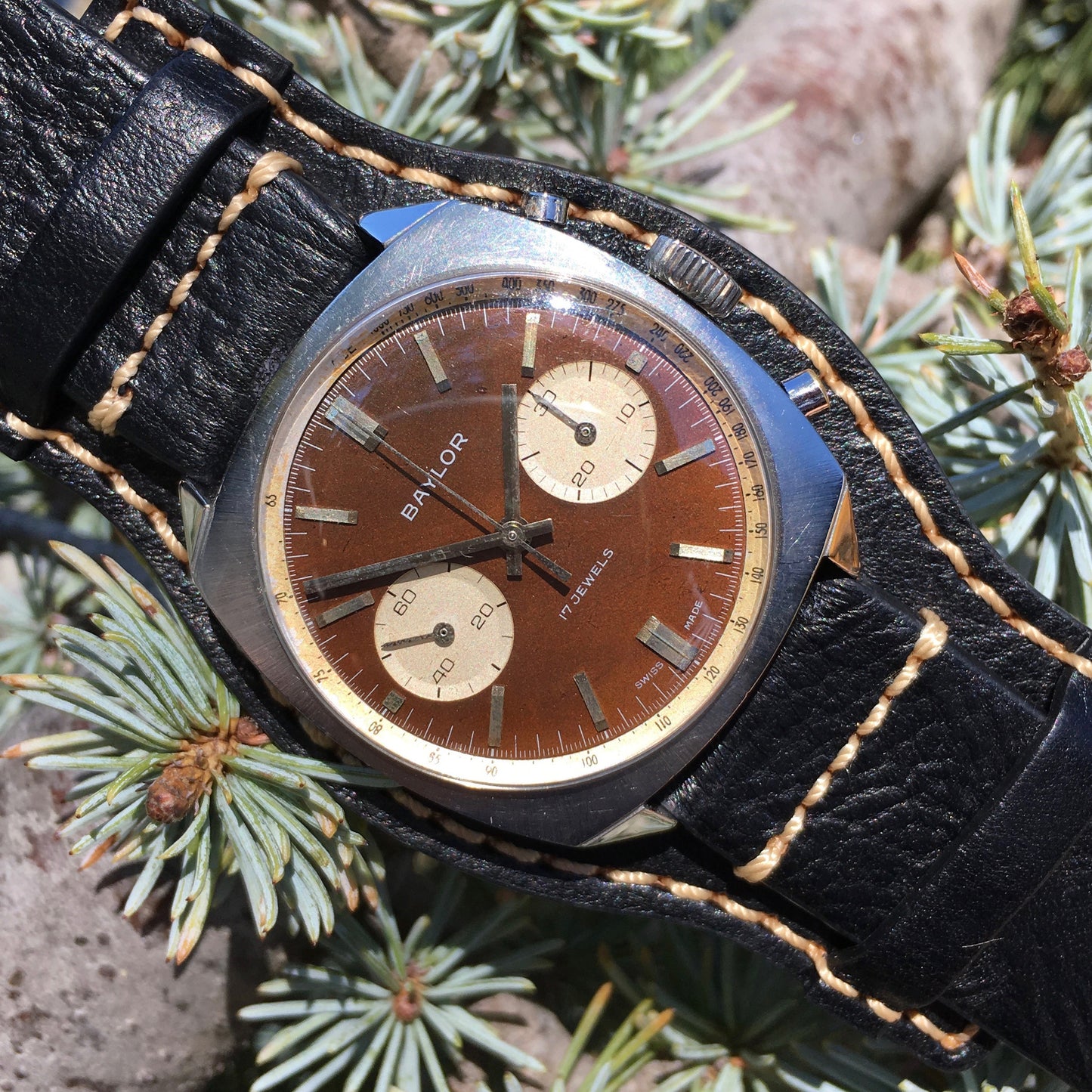 Vintage Baylor Steel Chronograph Venus 210 Brown Tropical Manual Wristwatch - Hashtag Watch Company