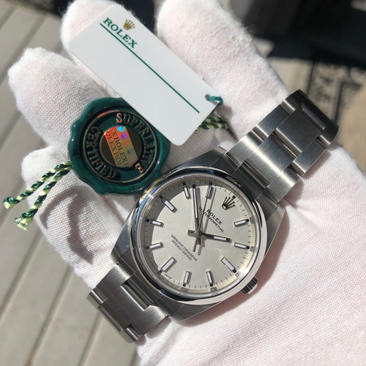 Rolex Oyster Perpetual 114200 White Stainless Steel Automatic Wristwatch Box Papers Circa 2019 - Hashtag Watch Company