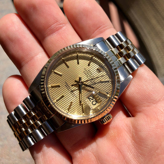 Vintage Rolex Datejust 16013 Champagne Tapestry Cal. 3035 Oyster Perpetual Two Tone Steel Gold Wristwatch Box & Papers Circa 1985 - Hashtag Watch Company