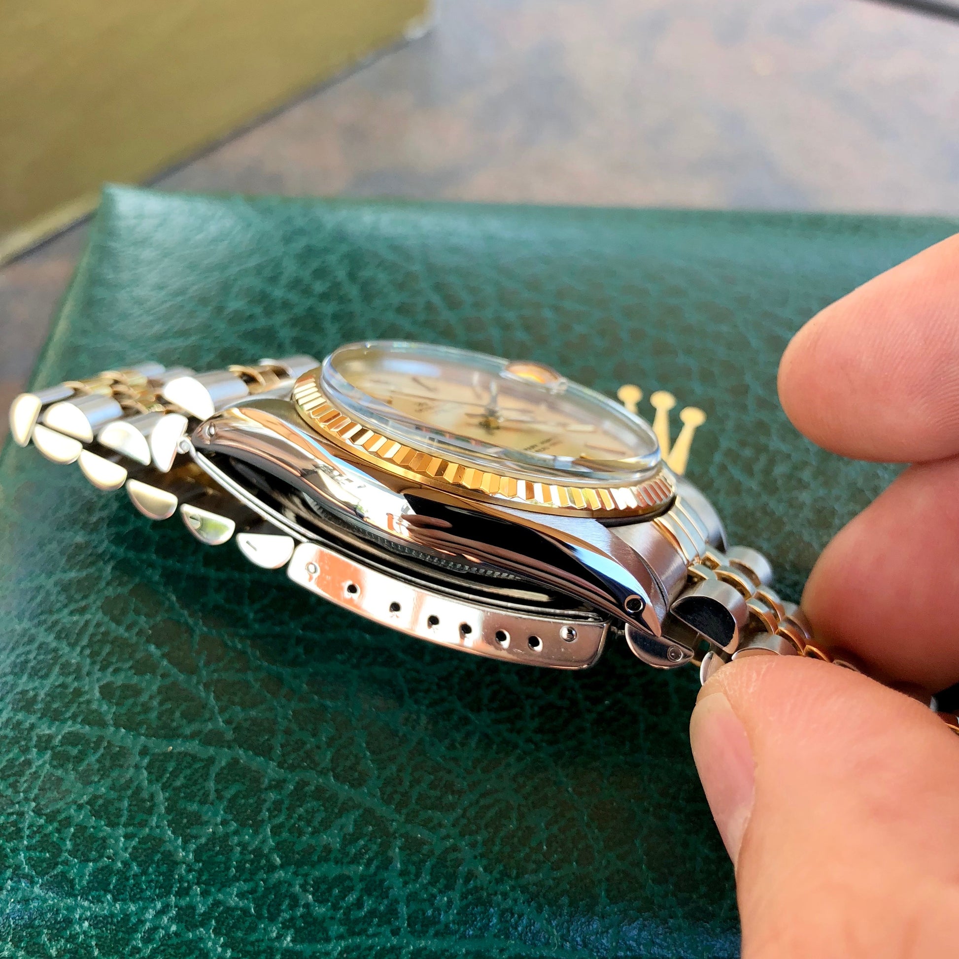 Vintage Rolex Datejust 16013 Champagne Tapestry Cal. 3035 Oyster Perpetual Two Tone Steel Gold Wristwatch Box & Papers Circa 1985 - Hashtag Watch Company