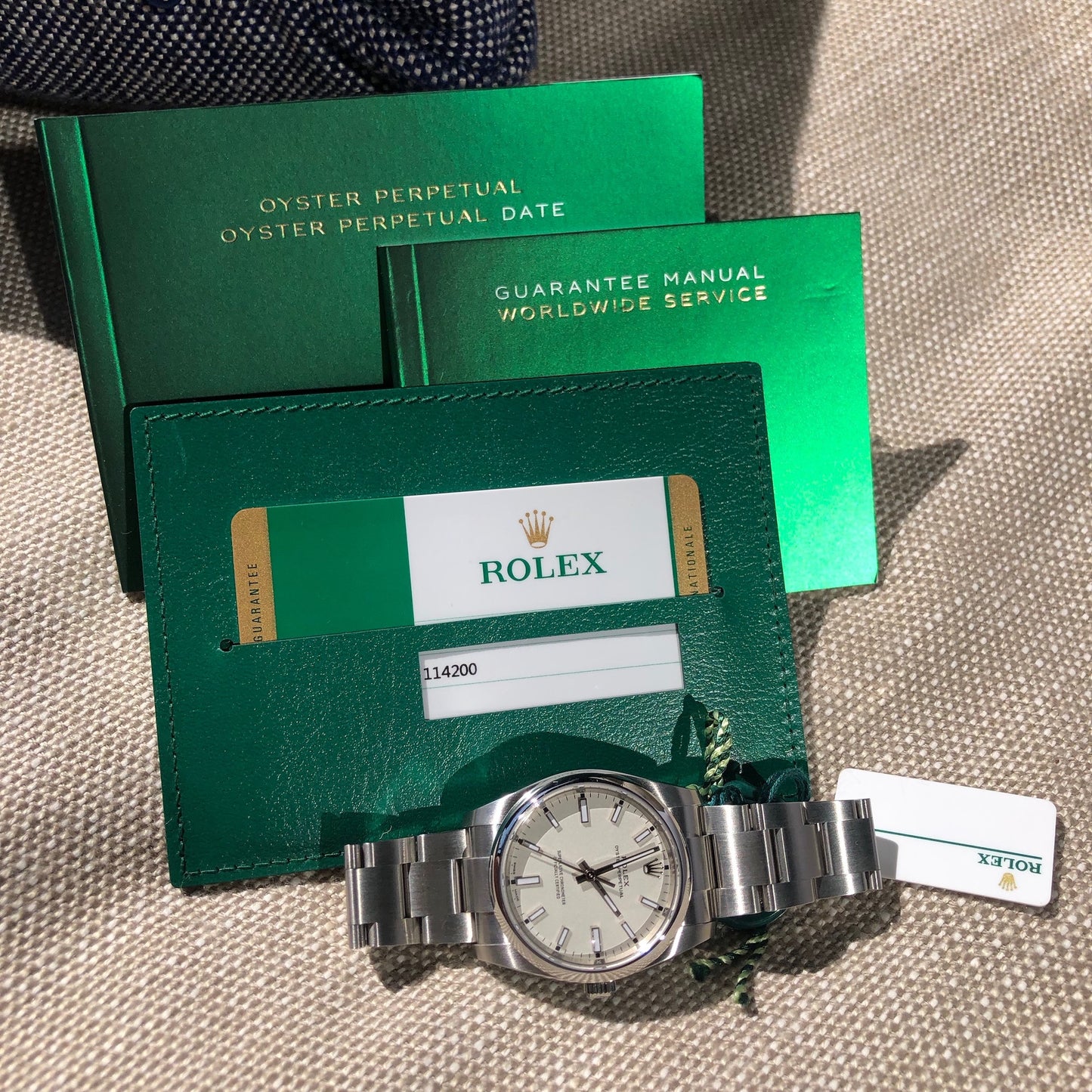 Rolex Oyster Perpetual 114200 White Stainless Steel Automatic Wristwatch Box Papers Circa 2019 - Hashtag Watch Company