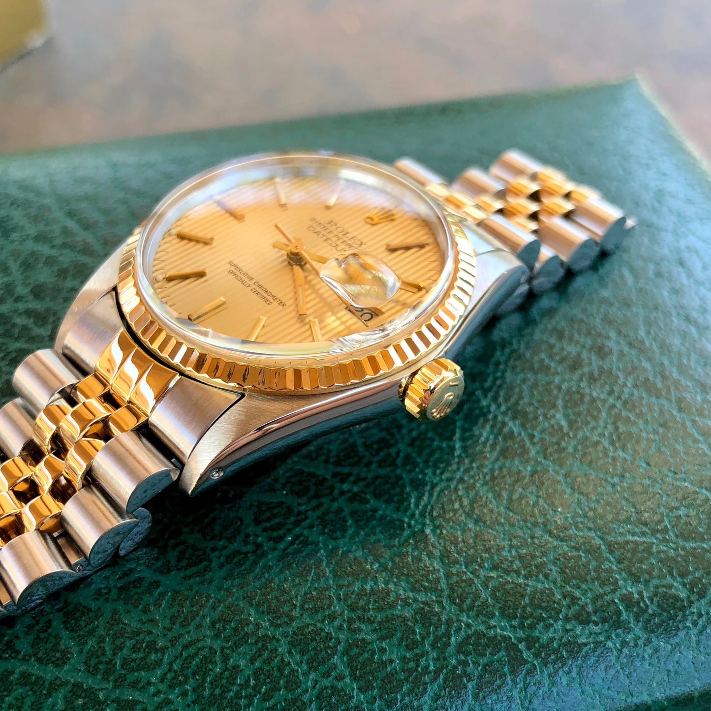 Vintage Rolex Datejust 16013 Champagne Tapestry Cal. 3035 Oyster Perpetual Two Tone Steel Gold Wristwatch Box & Papers Circa 1985 - Hashtag Watch Company