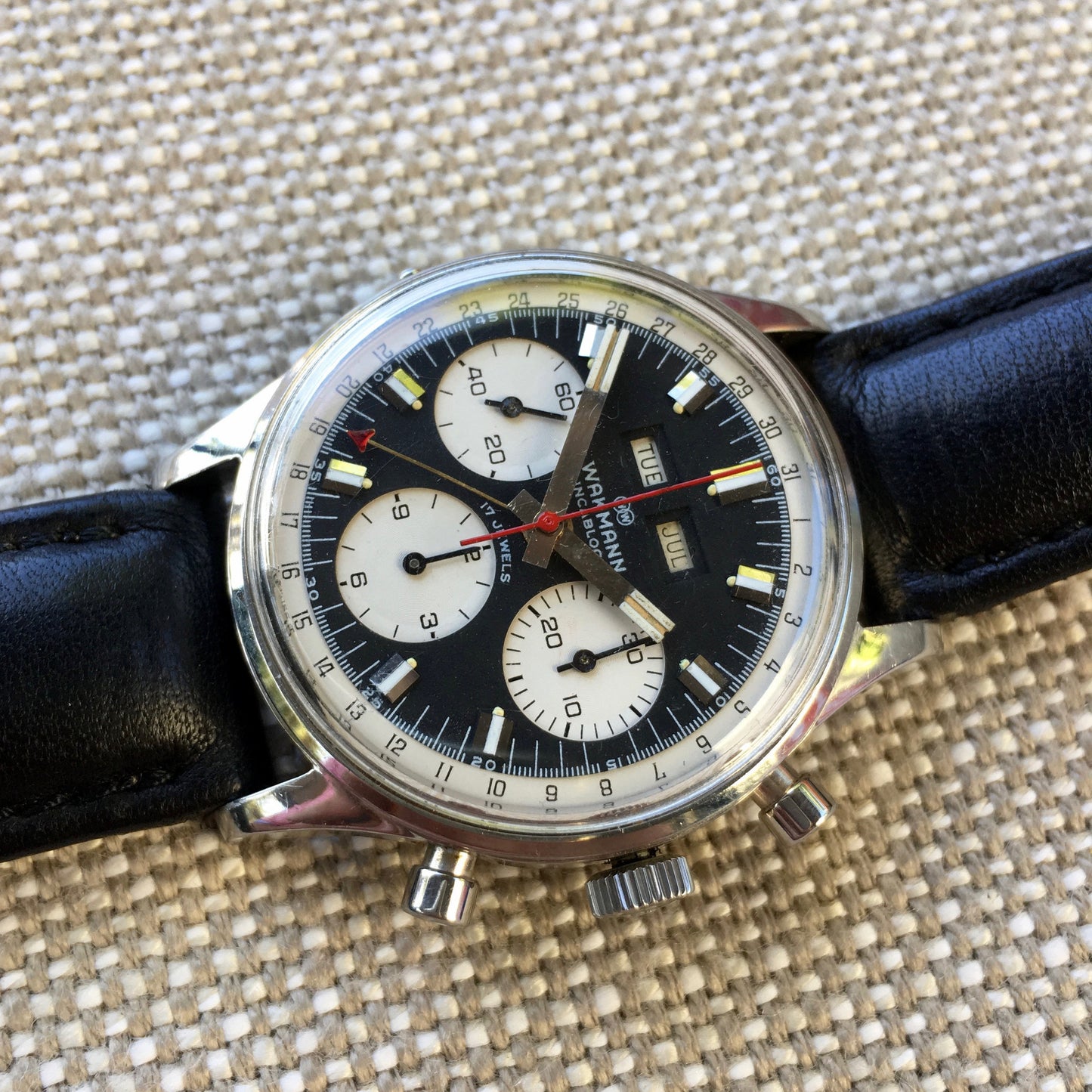 Vintage Wakmann Steel Chronograph Triple Date 71.1309.70 Valjoux 726 Wristwatch - Hashtag Watch Company