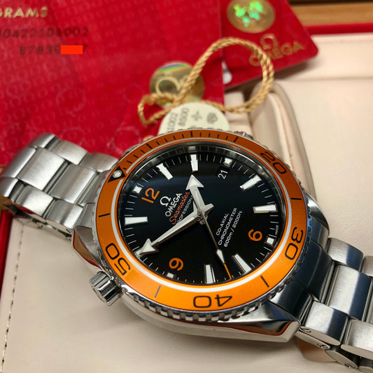 2018 Omega Planet Ocean 600M Seamaster 232.30.42.21.01.002 Steel Co-Axial 42mm Orange Bezel Box Papers - Hashtag Watch Co.