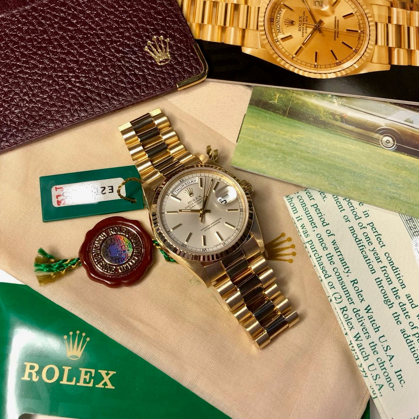 Rolex President 18238 Day Date 18K Yellow Gold Silver Stick "E" Serial 1990 Box Papers MINT - Hashtag Watch Company