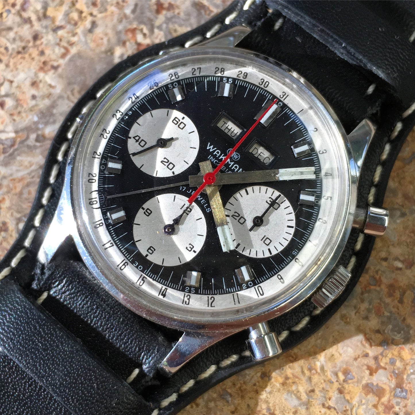 Vintage Wakmann Incabloc Steel Chronograph Triple Date 71.1309.70 Valjoux 730 Watch - Hashtag Watch Company